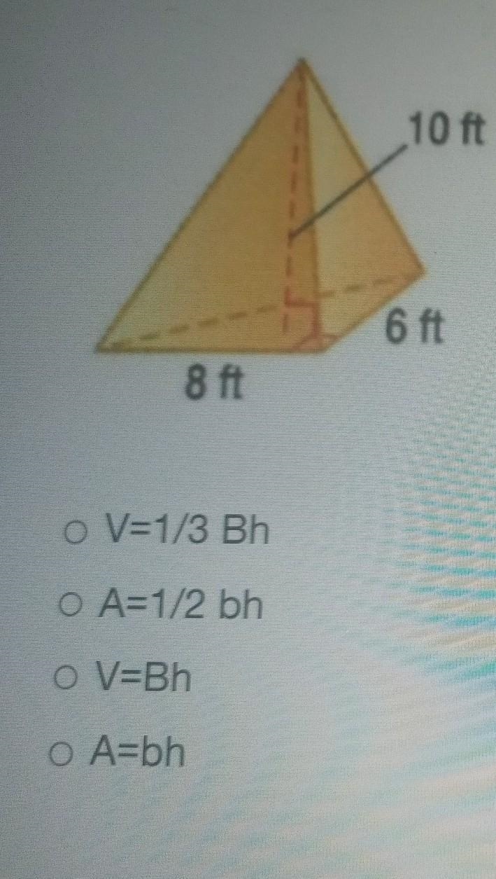 Which formula would be utilized to find the area of the base (B) for this figure​-example-1