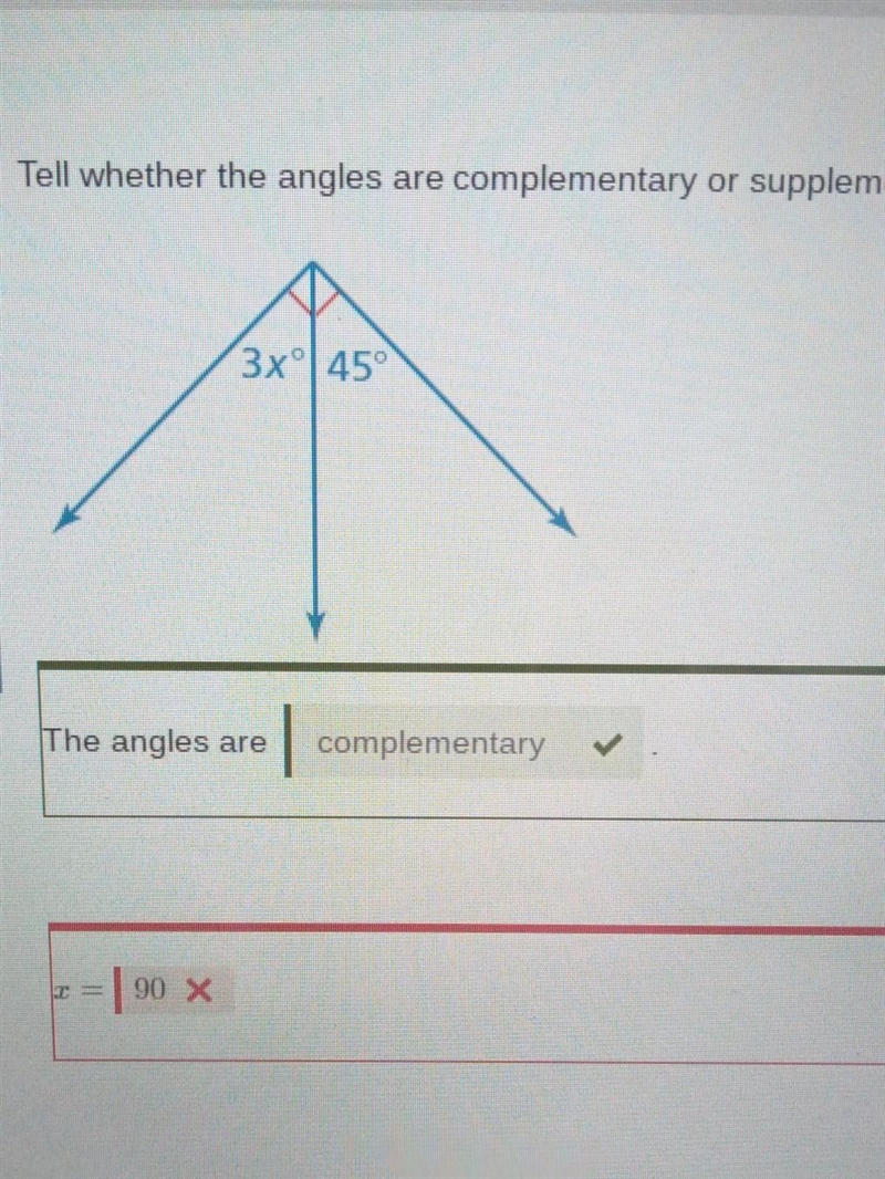 Tell whether the angles are complementary or supplementary. Then find the value of-example-1