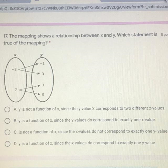 17. The mapping shows a relationship between x and y. Which statement is 5 points-example-1