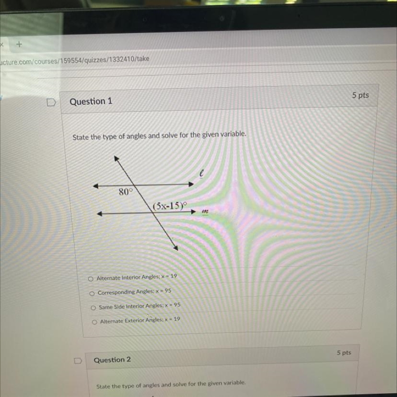 State the type of angles and solve for the given variable, 80° (5x-15) Alternate Interior-example-1