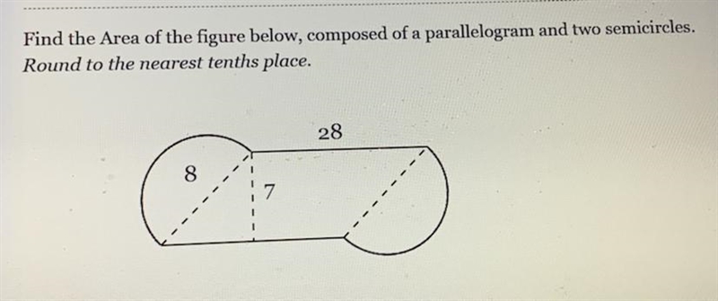 Find the Area of the figure below, composed of a parallelogram and two semicircles-example-1