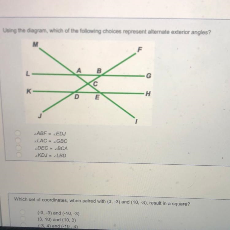 Using the diagram, which of the following choices represent alternate exterior angles-example-1