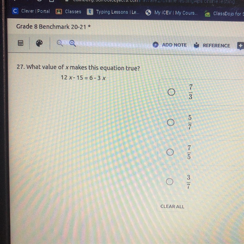 27. What value of x makes this equation true? 12 x - 15 = 6 - 3 x-example-1