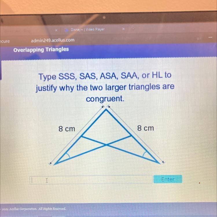 Type SSS, SAS, ASA, SAA, or HL to justify why the two larger triangles are congruent-example-1