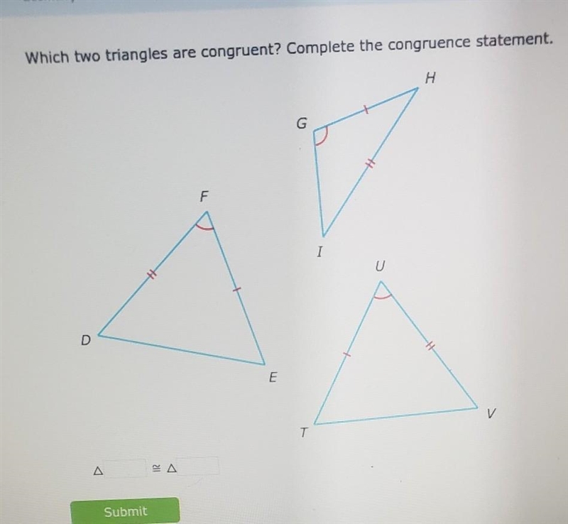 Which two triangles are congruent? Complete the congruence statement.​-example-1