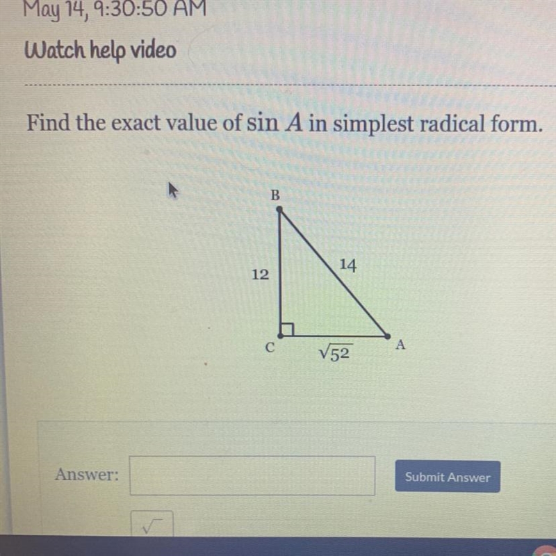 Find the exact value of sin A in simplest radical form.-example-1