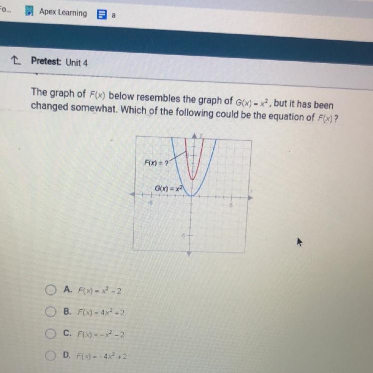 The graph of F(x) below resembles the graph of G(x) = x?, but it has been changed-example-1