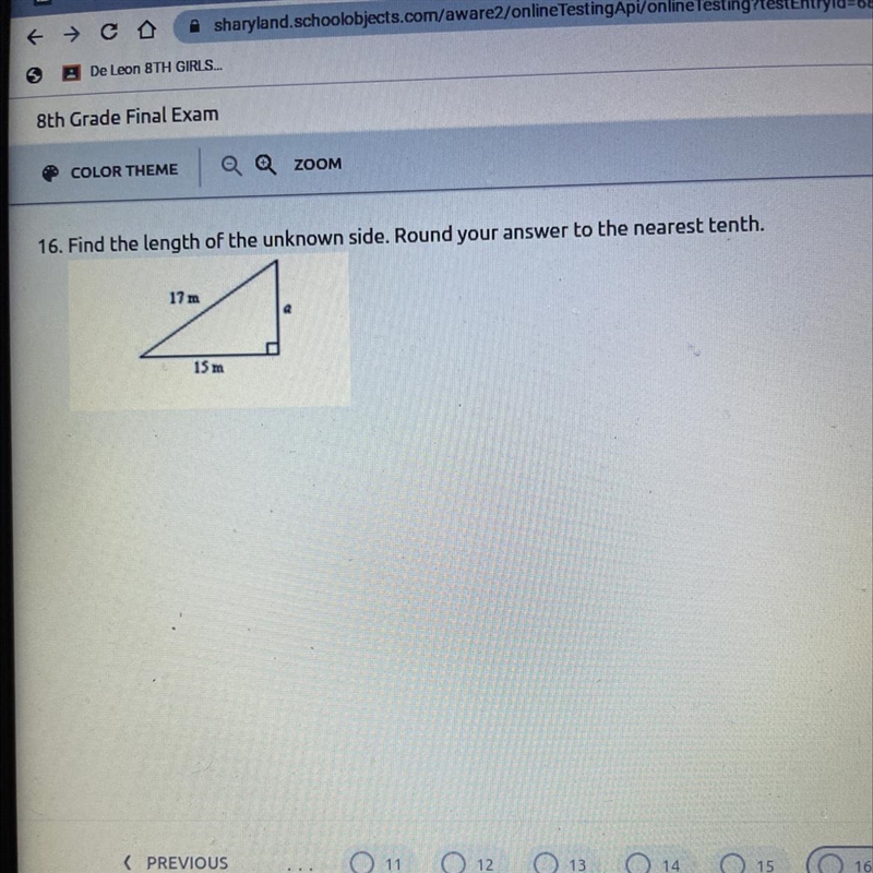 Find the length of the unknown side. Round your answer to the nearest tenth. 17 m-example-1