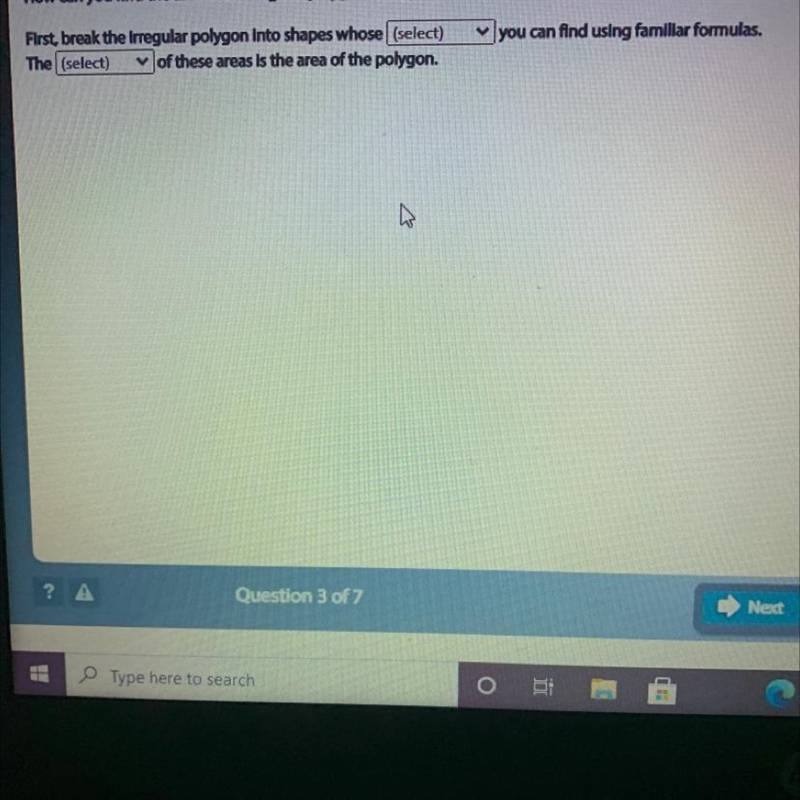 Select 1 answer choices: sizes averages distances areas perimeters Select 2 answer-example-1