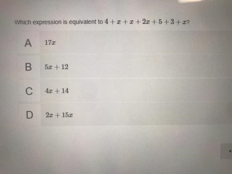 Which expression is equivalent to 4+x+x+2x+5+3+x?-example-1