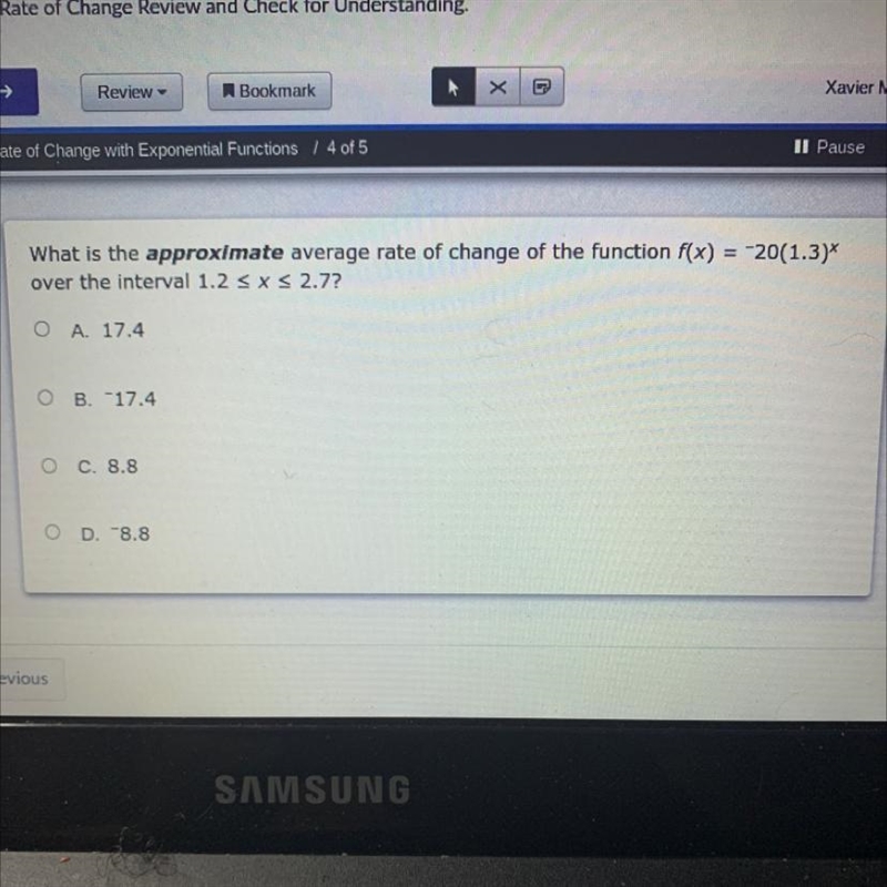 What is the approximate average rate of change of the function f(x) = -20(1.3)x^ over-example-1