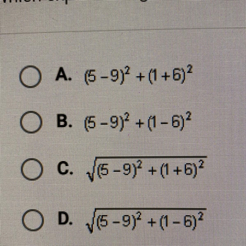 Which expression gives the distance between the points (5, 1) and (9,-6)?-example-1