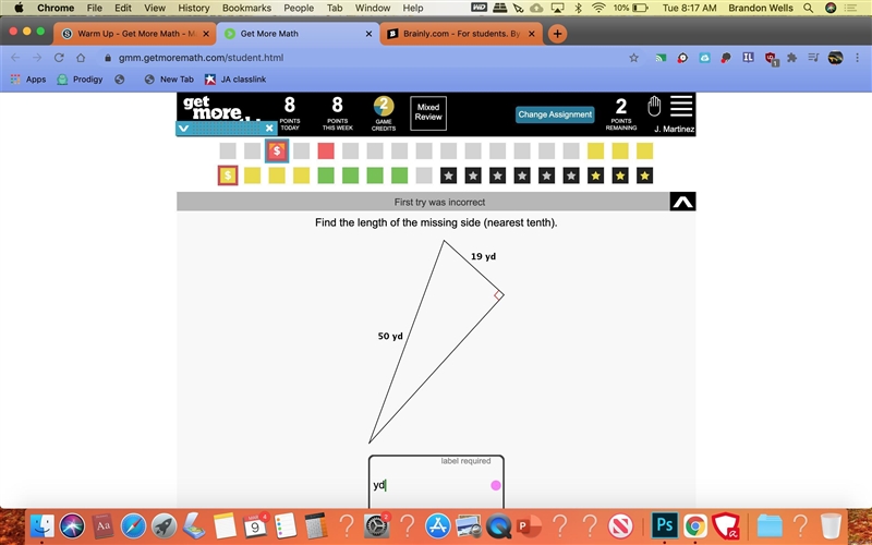 Find the length of the missing side 19 yd 50yd pythagorean theorem-example-1