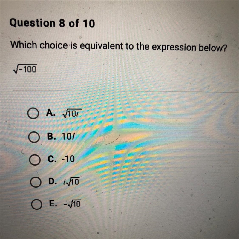 Which choice is equivalent to the expression below? V -100 O A. 110; B. 101 C. -10 O-example-1