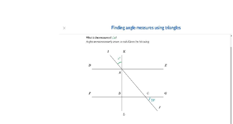 Help pls What is the measure of ∠x Angles are not necessarily drawn to scale. Given-example-1