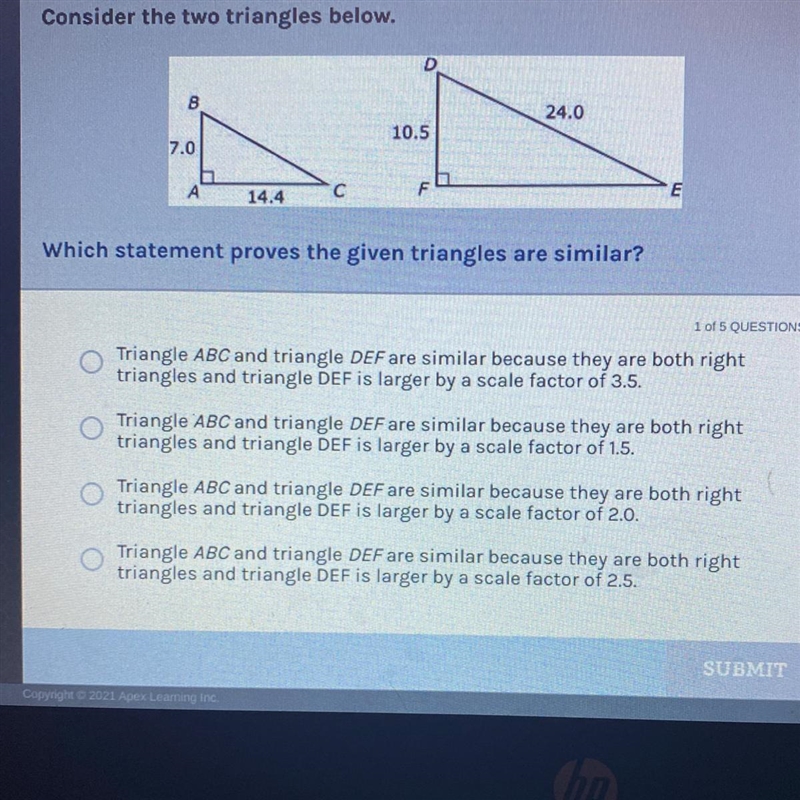 Which statement proves the given triangles are similar?-example-1