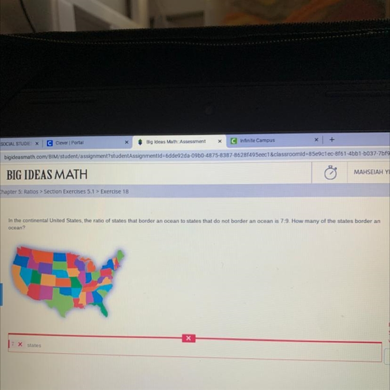 In the continental United States, the ratio of states that border an ocean to states-example-1