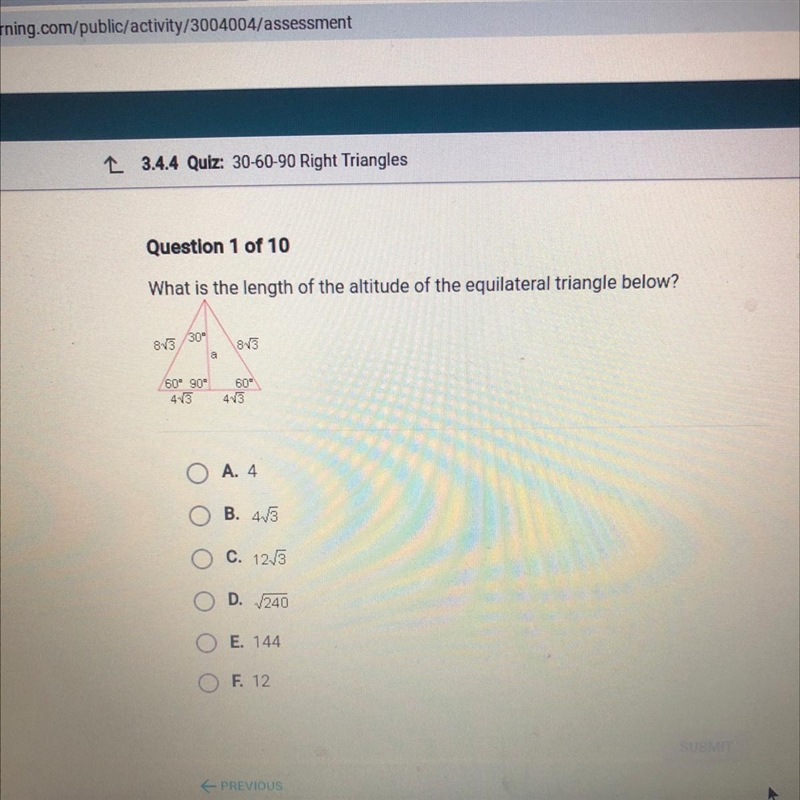 PLEASE HELP What is the length of the altitude of the equilateral triangle below?-example-1