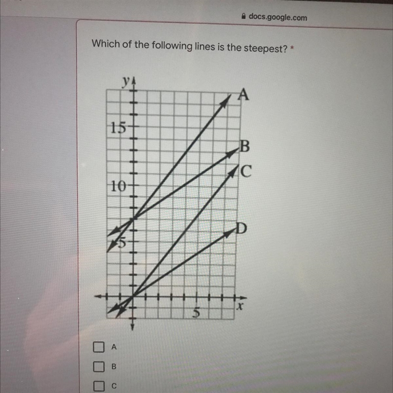 Which line is the steepest: A B C D-example-1