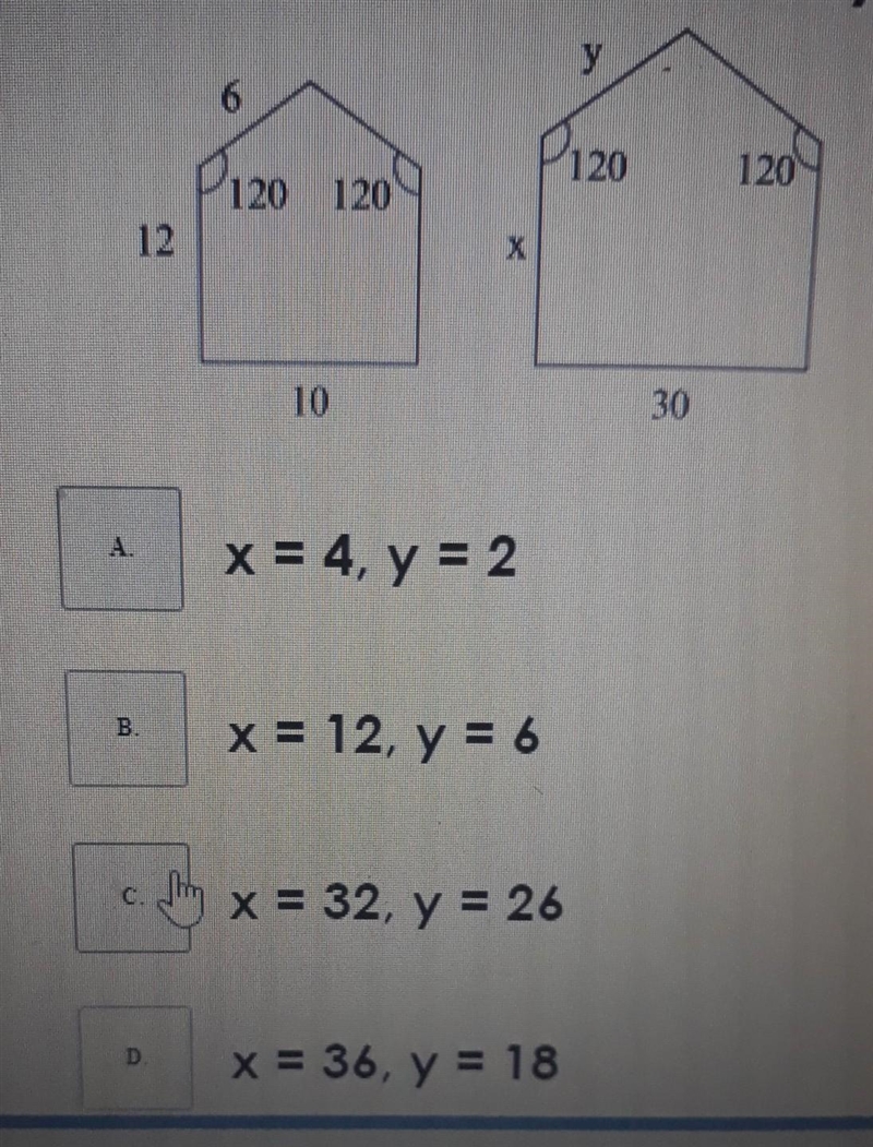 What must the values of x and y be so that the two houses are similar? ​-example-1