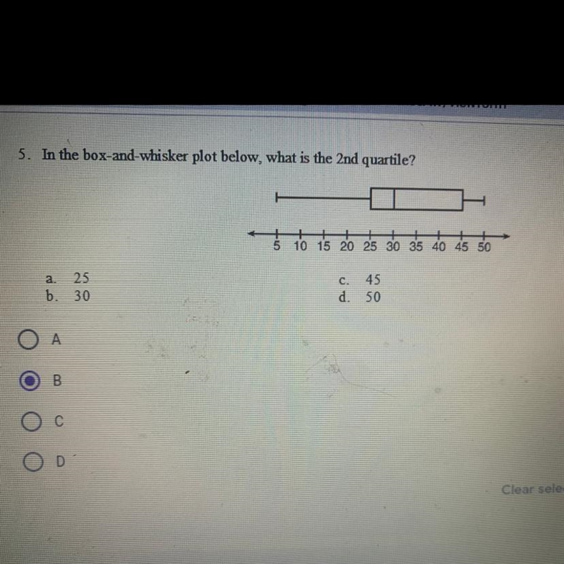 In the box-and-whisker plot below, what is the 2nd quartile? a. 25 b. 30 c. 45 d. 50-example-1