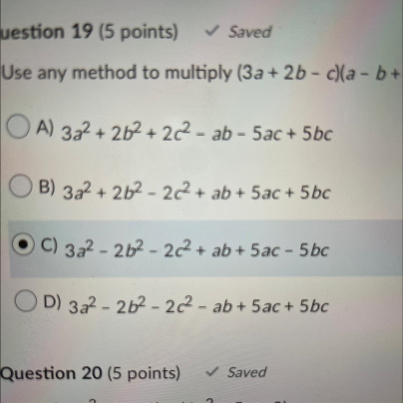 Use any method to multiply (3a + 2b - c)(a - b + 2c).-example-1