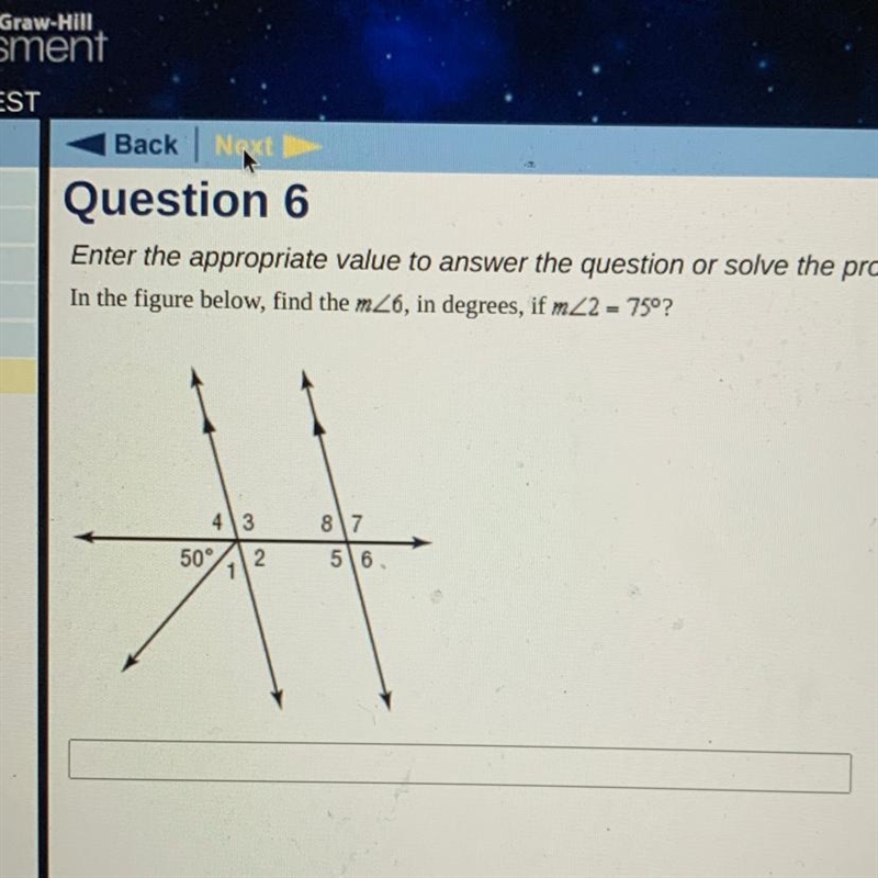 In the figure below, find the mZ6, in degrees, if m2 = 75°? 87 413 50° 2 1 56 PLEASE-example-1