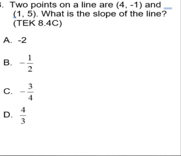 Two points on a line are (4,-1) and (1,5) what is the slope of the line-example-1