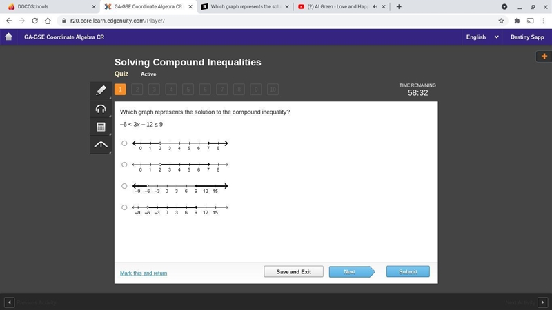 Which graph represents the solution to the compound inequality? –6 < 3x – 12 ≤ 9 A-example-1