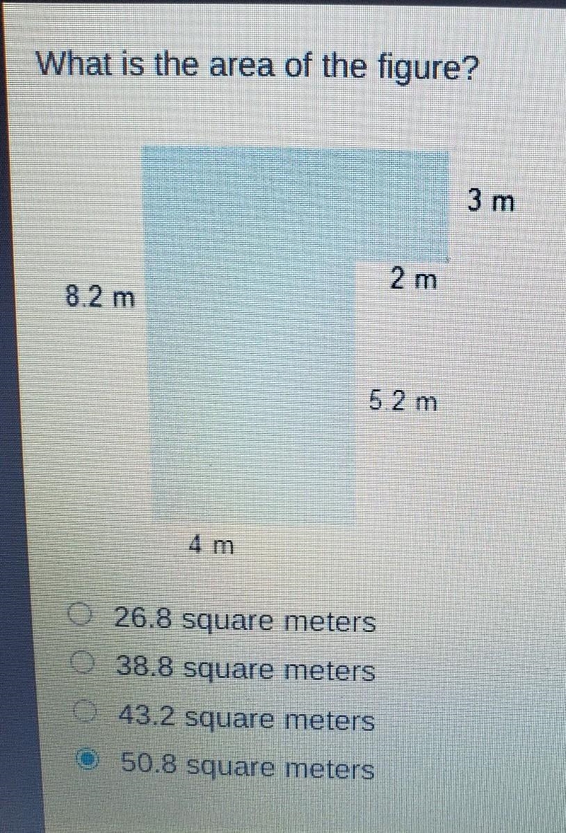 what is the area of the figure 26.8square meters 38.8square meters 43.2square meters-example-1