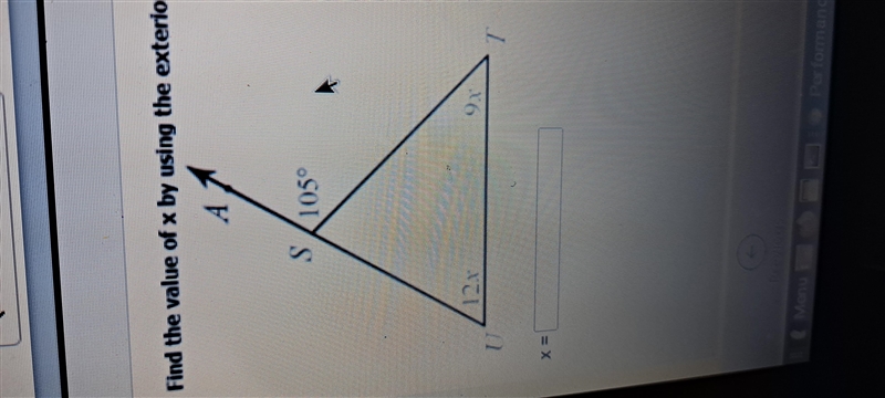 Find the value of x by using the exterior angle theorem-example-1