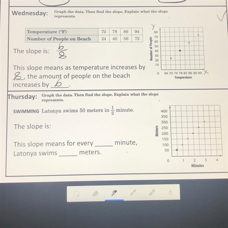 Latonya swims 50 meters in 1/2 minute. What is the slope-example-1