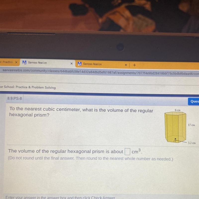 6 cm To the nearest cubic centimeter, what is the volume of the regular hexagonal-example-1