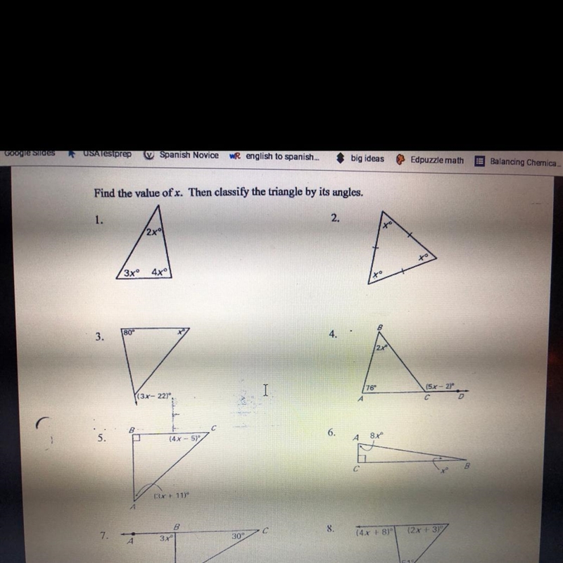 Find the value of x. Then classify the triangle by its angles.-example-1