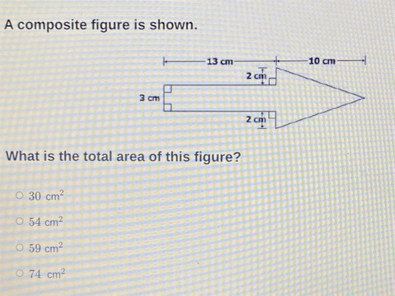 Help! Question: total area of this composite figure Answer choices: A)30 B)54 C)59 D-example-1