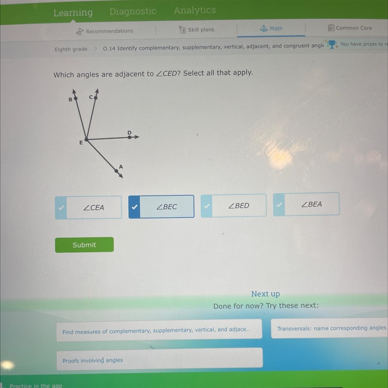 Which angles are adjacent to ZCED? Select all that apply.-example-1