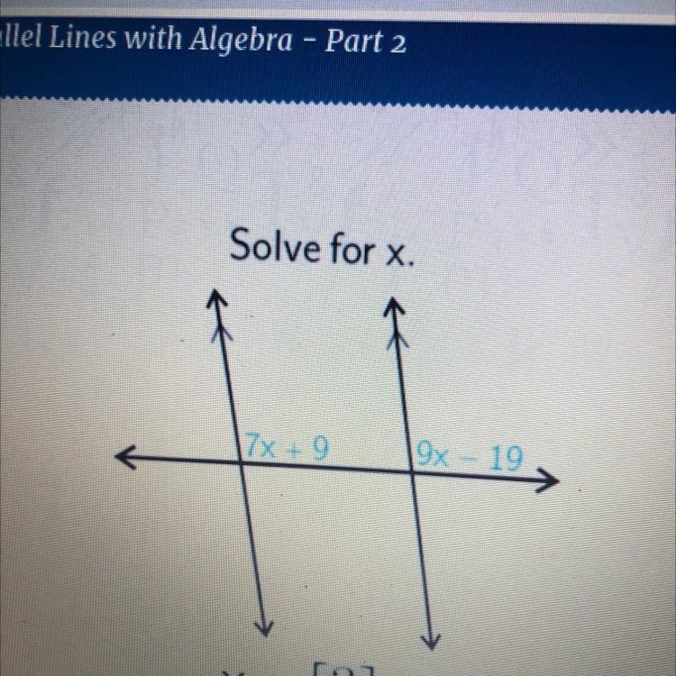 Solve for x. 7x + 9 9x - 19 = X-example-1