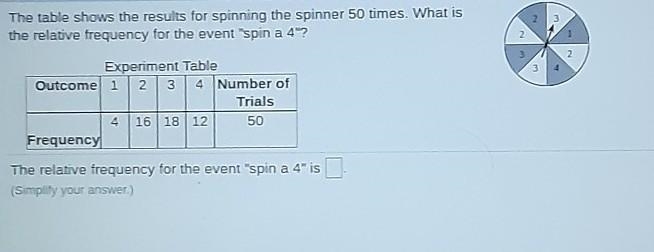 The table shows the results for spinning the spinner 50 times. What is the relative-example-1