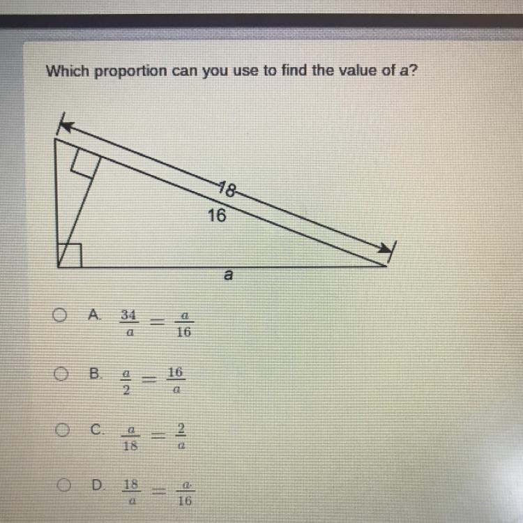 Which proportion can you use to find the value of a? I NEED HELP, PLEASE!!!-example-1