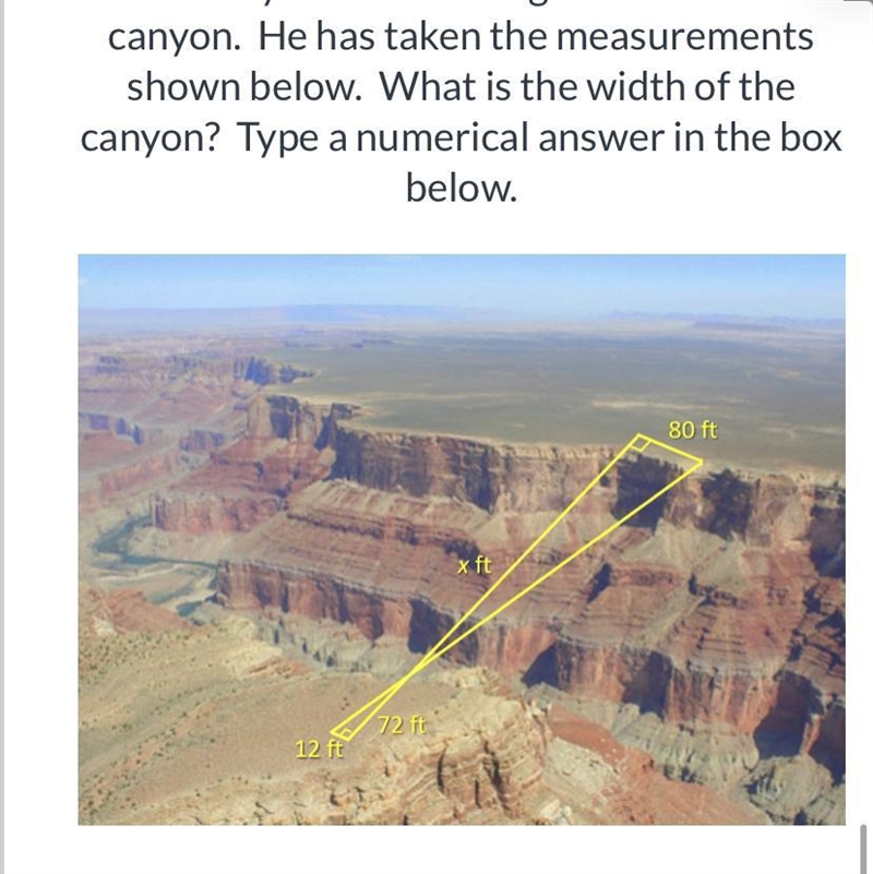 A surveyor is calculating the width of a canyon. He has taken the measurements shown-example-1