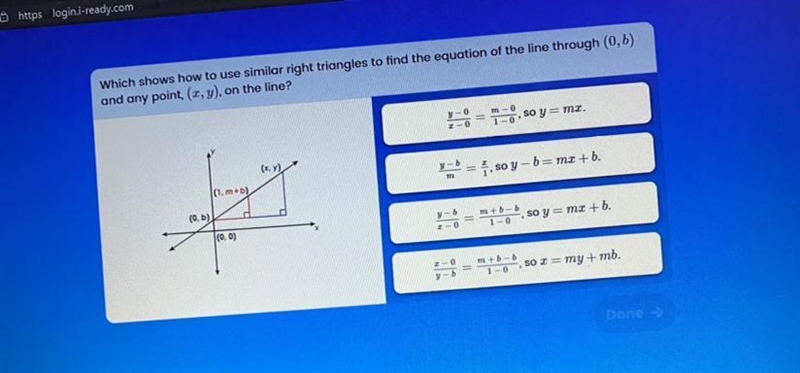 Which shows how to use similar right triangles to find the equation of the line through-example-1