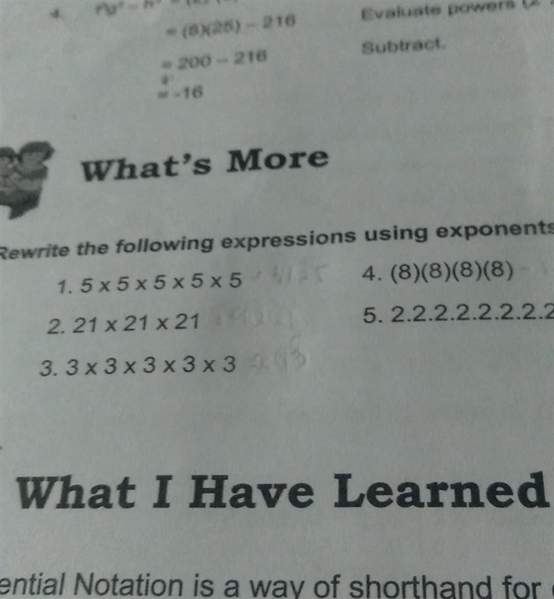 Rewrite the following expressions using exponents. 1.5×5×5×5×5 2.21×21×21 3.3×3×3×3×3 4.(8)(8)(8)(8) 5.2.2.2.2.2.2.2.2 sagutin-example-1