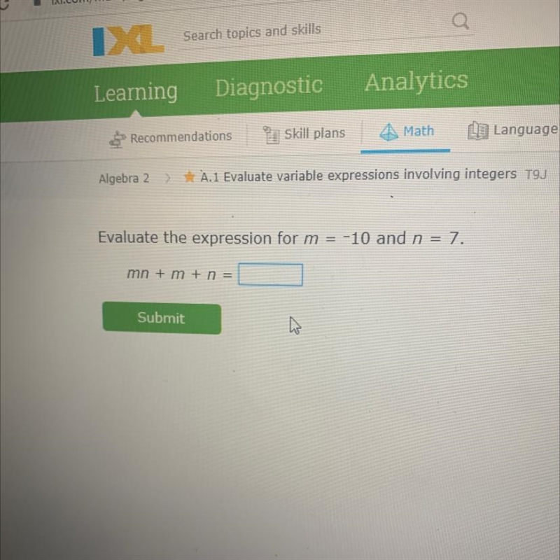 Evaluate the expression for m = -10 and n = 7. mn + m + n =-example-1