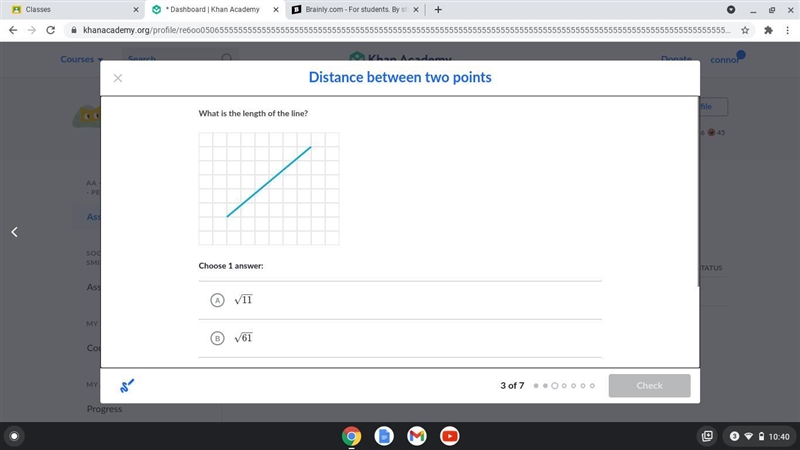 What is the length of the line? A. Square root 11 B. Square root 61 C.8 D.11-example-1