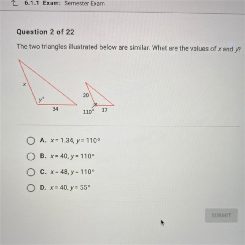 The two triangles illustrated below are similar. What are the values of x and y? A-example-1