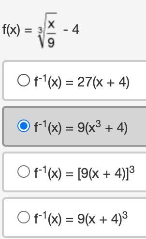 Find the inverse of the Function f(x)=\sqrt[3]{(x)/(9) } -4-example-1