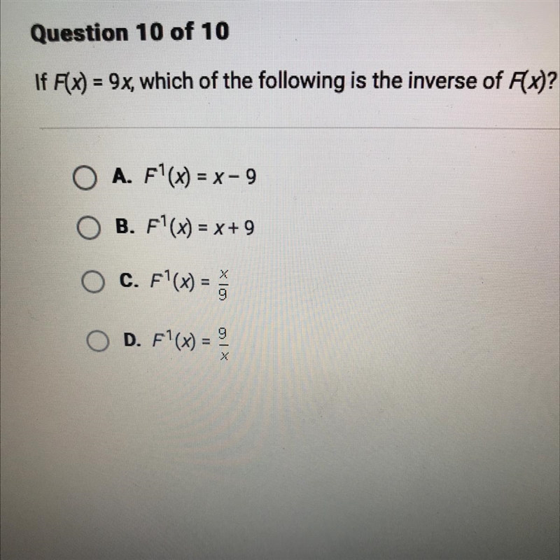 If F(x) = 9x, which of the following is the inverse of Fx)?-example-1