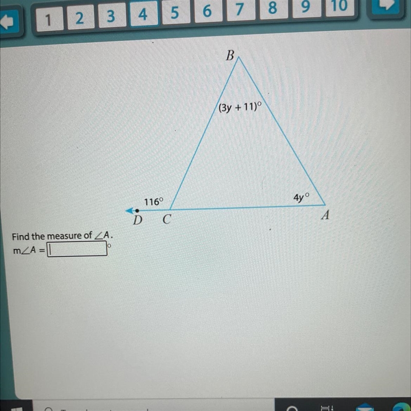 B (3y + 11) 116° 4y р с А Find the measure of ZA. mZA-example-1