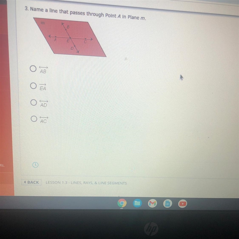 Name a line that passes through point a in plane M Need Help?-example-1