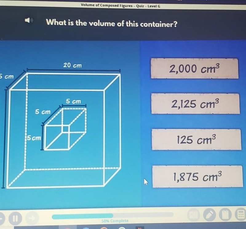 What is the volume of this container? 2000 cm? 2125 cm? 125 cm? 1875 cm?​-example-1